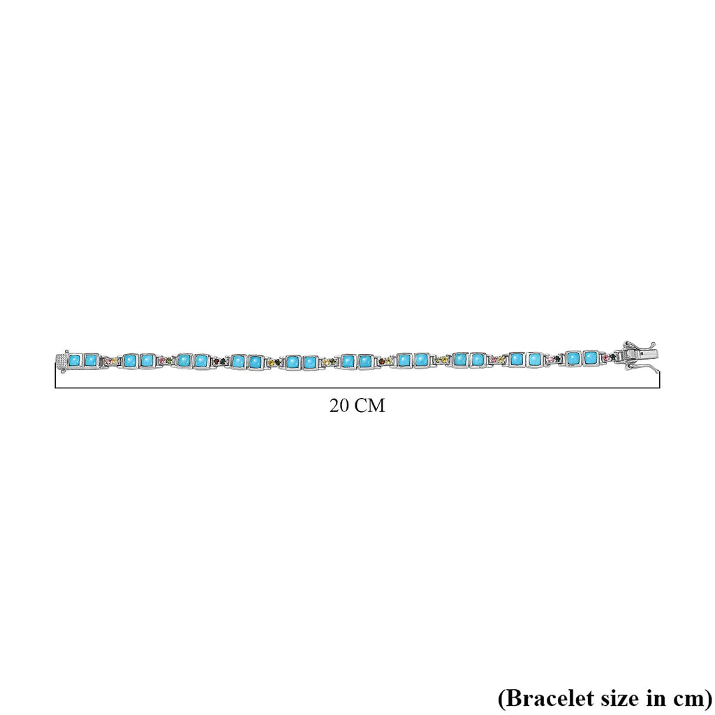 Arizona Sleeping Beauty Turquoise & Multi-Tourmaline Tennis Bracelet (Size - 7) in Rhodium Overlay Sterling Silver 5.12 Ct, Silver Wt. 13.62 Gms