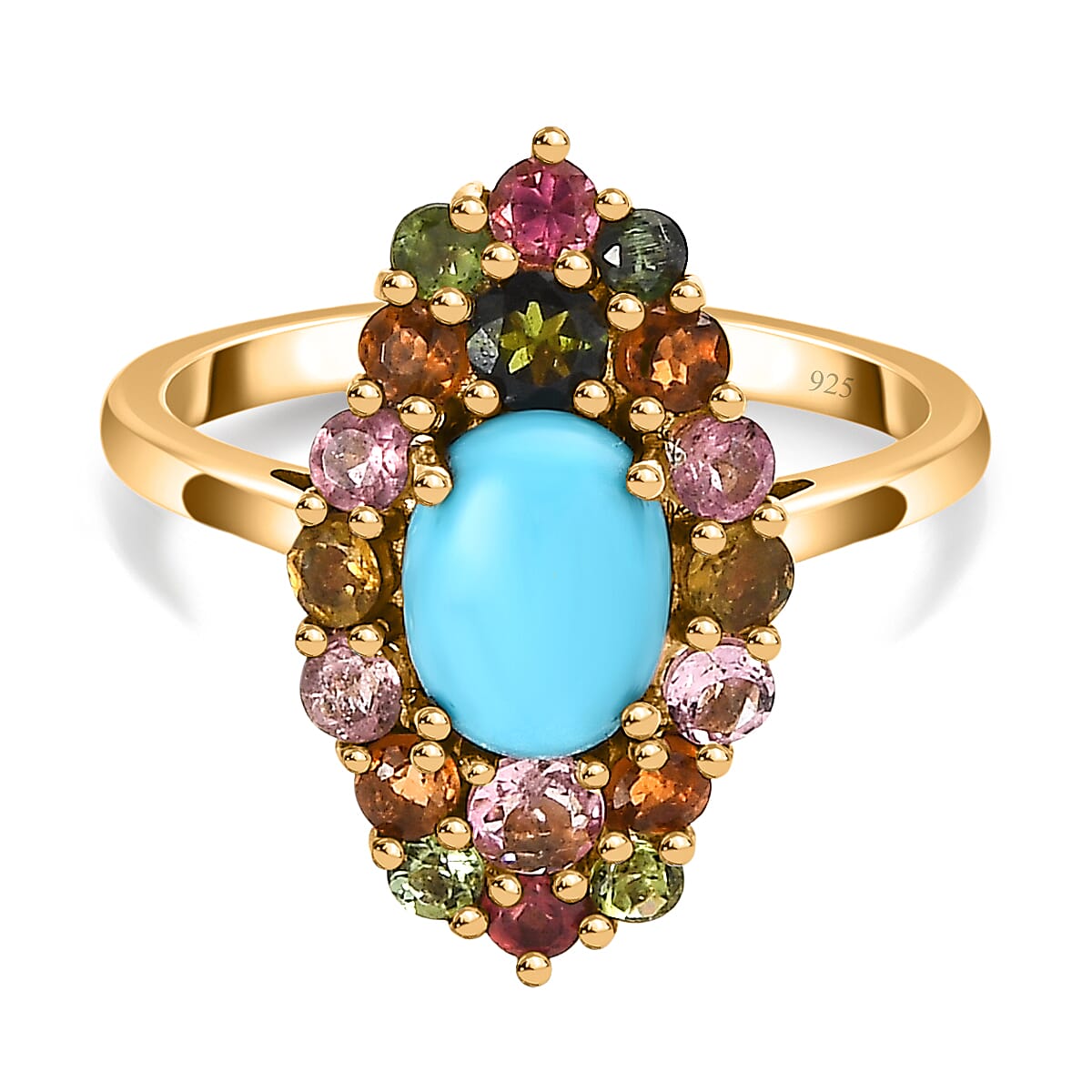 Arizona Sleeping Beauty Turquoise &amp; Multi-Tourmaline Ring in 18K Yellow Gold Vermeil Plated Sterling Silver 2.04 Ct. 7555390 0