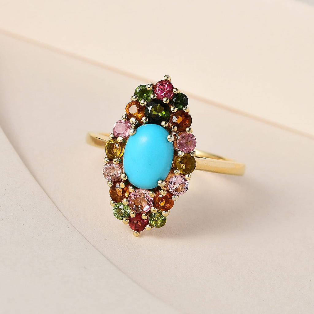 Arizona Sleeping Beauty Turquoise & Multi-Tourmaline Ring in 18K Yellow Gold Vermeil Plated Sterling Silver 2.04 Ct.
