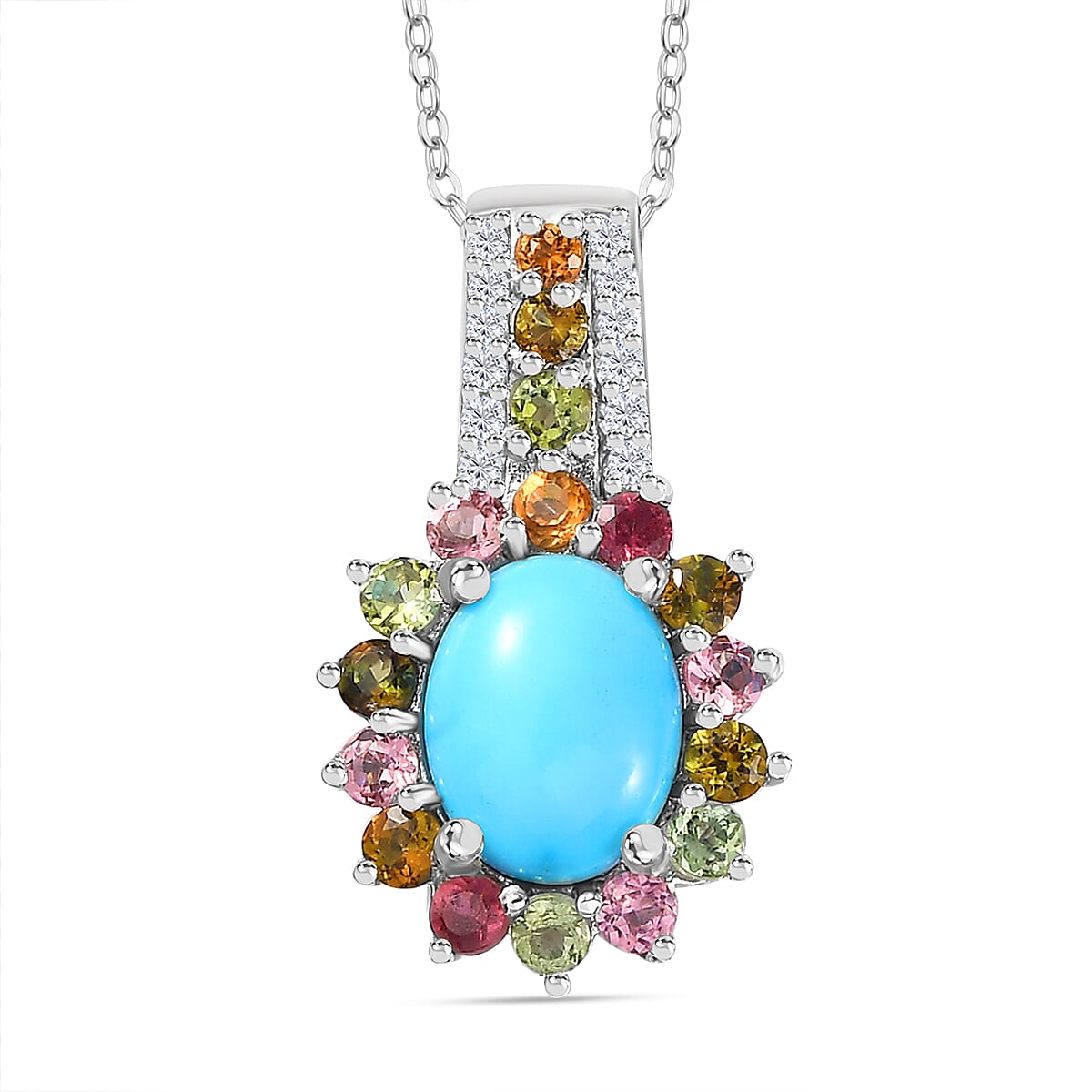 Arozina Sleeping Beauty Turquoise and Multi-Tourmaline Pendant with Chain (Size 20) in Platinum Overlay Sterling Silver 2.85  Ct. 4255760 0