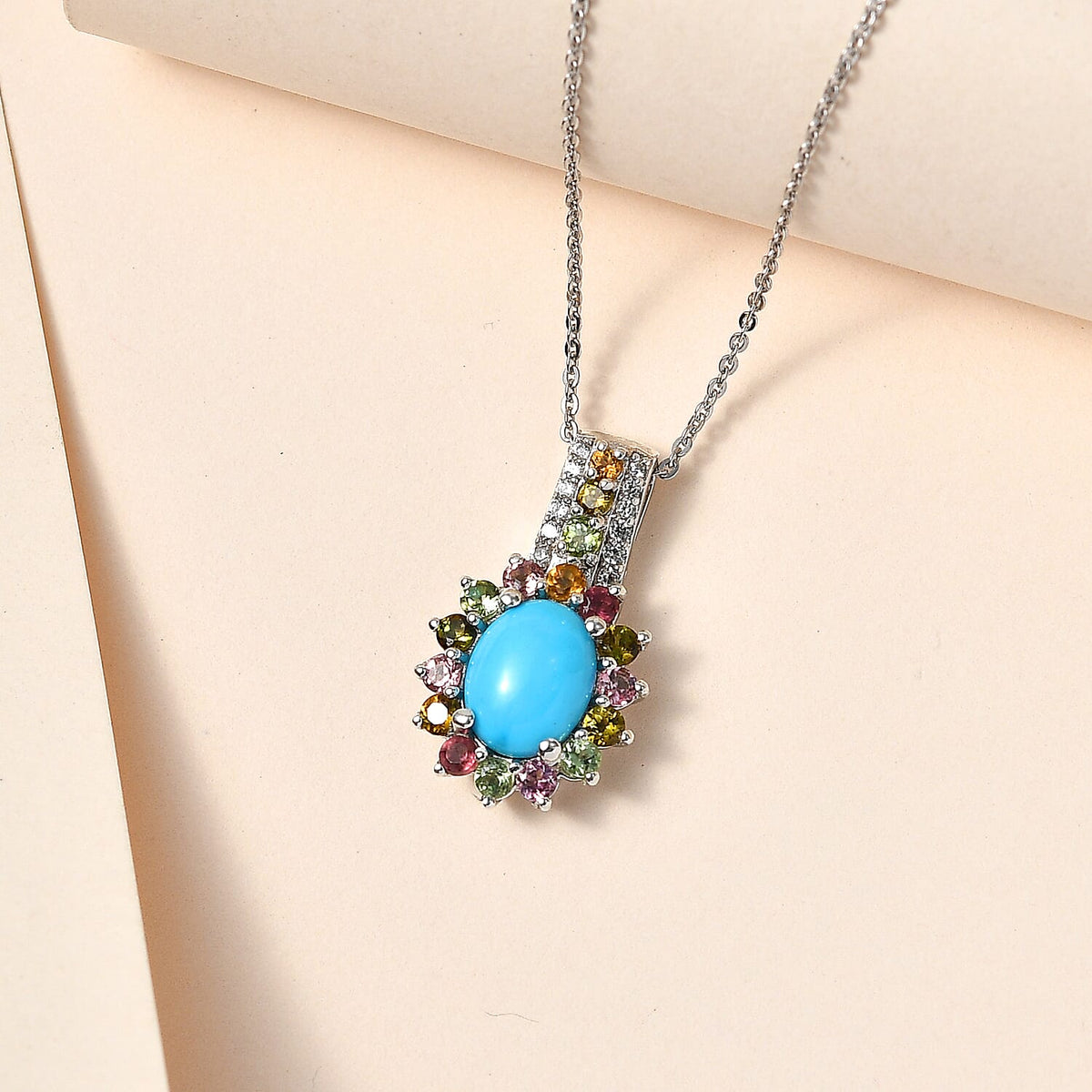 Arozina Sleeping Beauty Turquoise and Multi-Tourmaline Pendant with Chain (Size 20) in Platinum Overlay Sterling Silver 2.85  Ct. 4255760 3