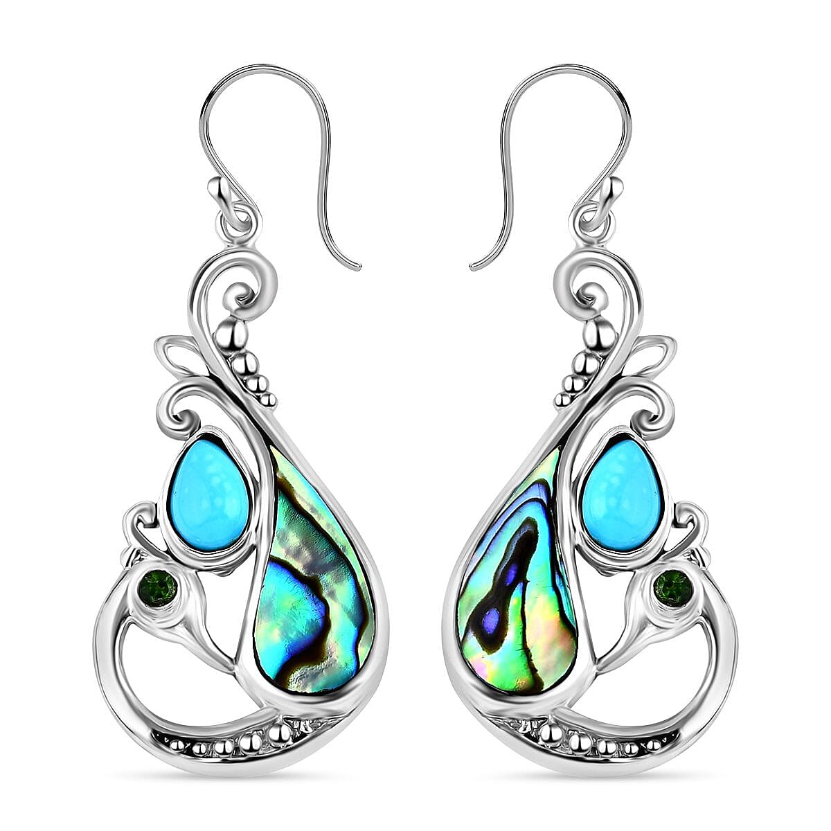 Sleeping Beauty Turquoise, Abalone Shell &amp; Natural Chrome Diopside Earring with Lever Back Sterling Silver 1.94 Ct. 7924067 0