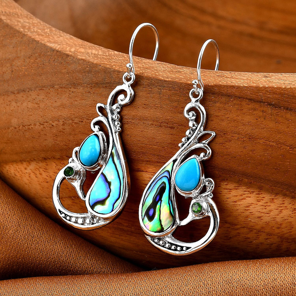 Sleeping Beauty Turquoise, Abalone Shell &amp; Natural Chrome Diopside Earring with Lever Back Sterling Silver 1.94 Ct. 7924067 1