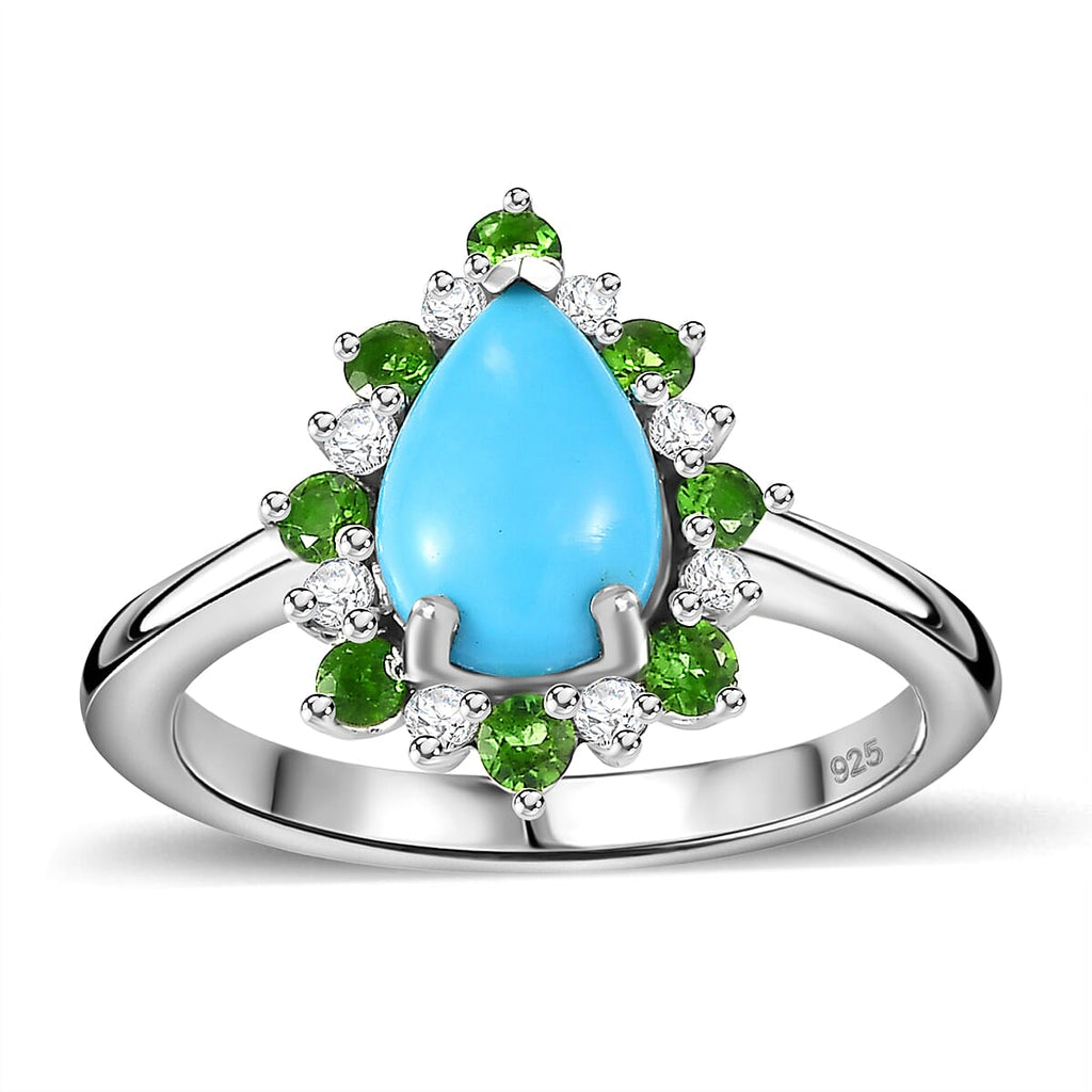 Sleeping Beauty Turquoise, Natural Chrome Diopside & White Zircon Ring in Rhodium Overlay Sterling Silver 1.75 Ct.