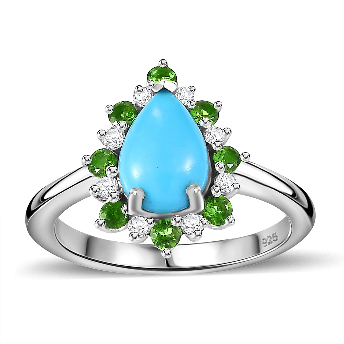 Sleeping Beauty Turquoise, Natural Chrome Diopside, White Zircon Halo Ring in Rhodium Overlay Sterling Silver 1.75  Ct. 7857383 0