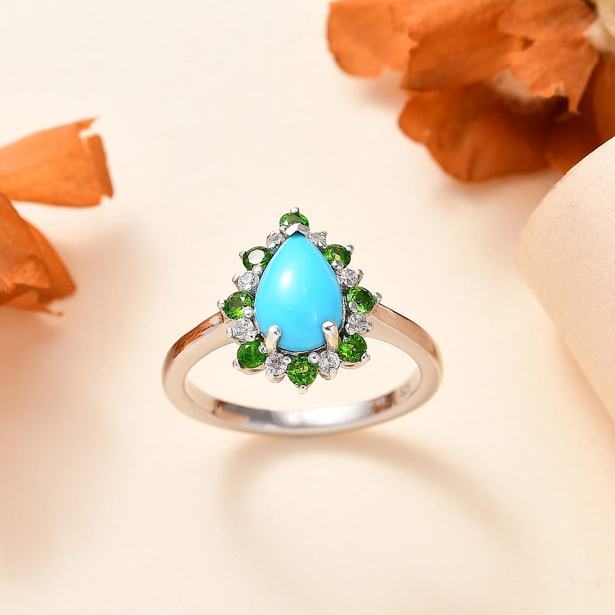 Sleeping Beauty Turquoise, Natural Chrome Diopside, White Zircon Halo Ring in Rhodium Overlay Sterling Silver 1.75  Ct. 7857383 1