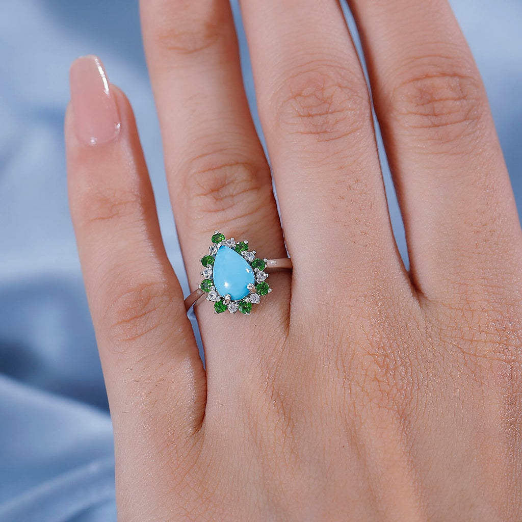 Sleeping Beauty Turquoise, Natural Chrome Diopside & White Zircon Ring in Rhodium Overlay Sterling Silver 1.75 Ct.