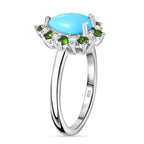 Sleeping Beauty Turquoise, Natural Chrome Diopside & White Zircon Ring in Rhodium Overlay Sterling Silver 1.75 Ct.