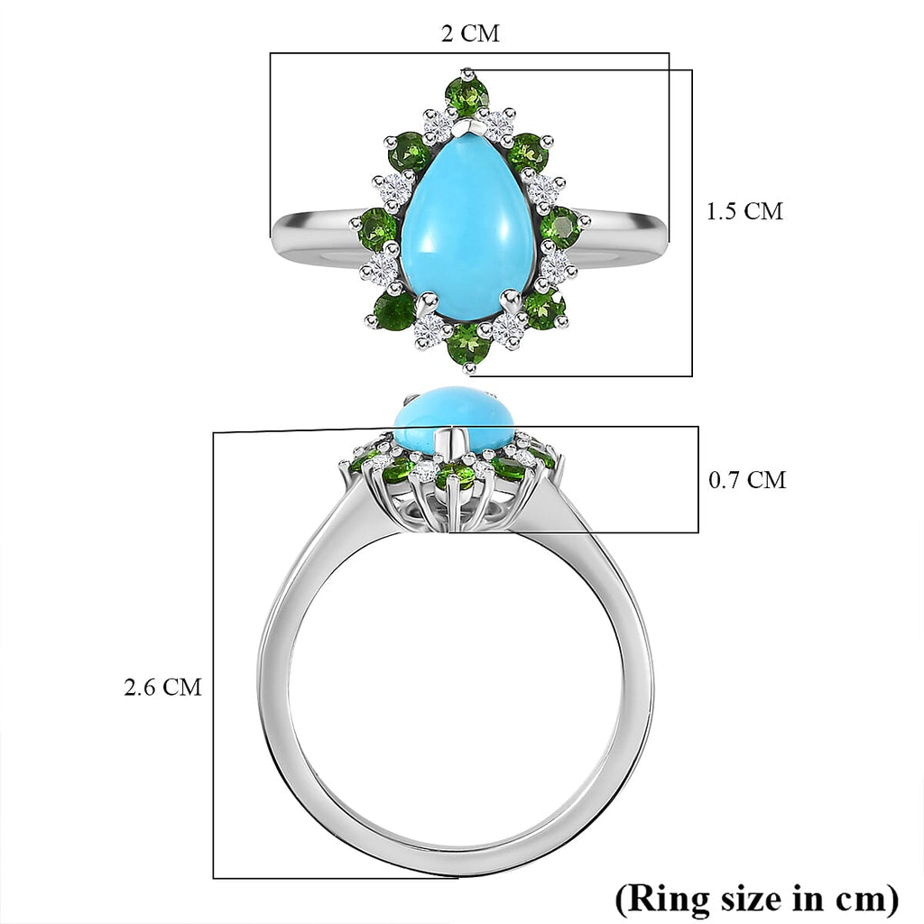 Sleeping Beauty Turquoise, Natural Chrome Diopside & White Zircon Ring in Rhodium Overlay Sterling Silver 1.75 Ct.