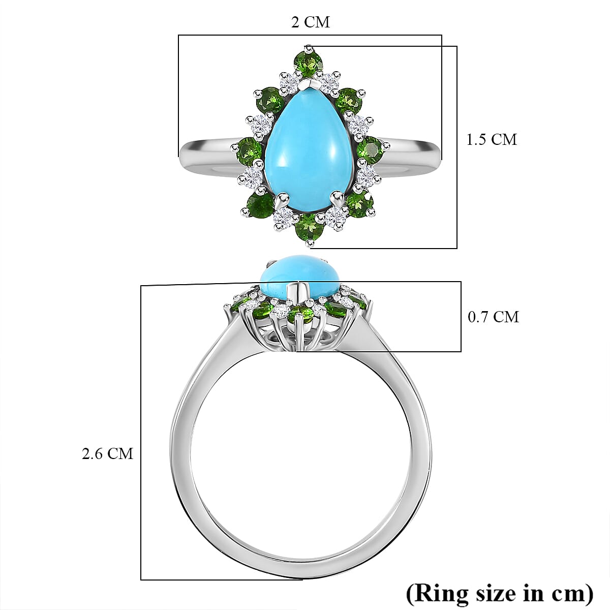 Sleeping Beauty Turquoise, Natural Chrome Diopside, White Zircon Halo Ring in Rhodium Overlay Sterling Silver 1.75  Ct. 7857383 5