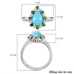 Sleeping Beauty Turquoise, Natural Chrome Diopside & White Zircon Ring in Rhodium Overlay Sterling Silver 1.75 Ct.