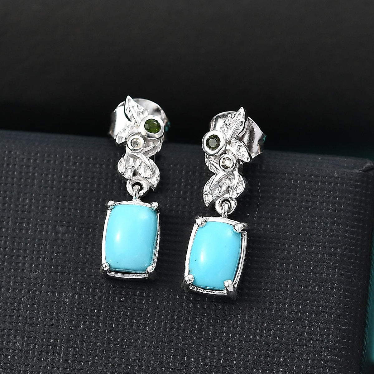 Sleeping Beauty Turquoise, Natural Chrome Diopside &amp; White Zircon  Solitaire Stud Push Post Earring in Rhodium Overlay Sterling Silver 1.73 Ct. 8060582 2