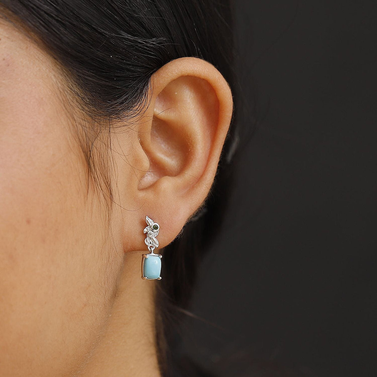 Sleeping Beauty Turquoise, Natural Chrome Diopside &amp; White Zircon  Solitaire Stud Push Post Earring in Rhodium Overlay Sterling Silver 1.73 Ct. 8060582 3