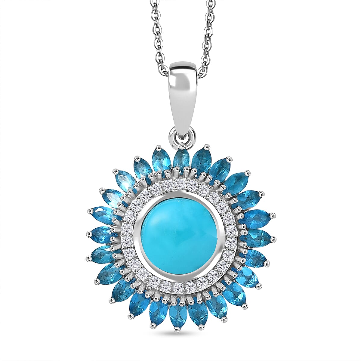 D'Joy Sleeping Beauty Turquoise, Neon Apatite &amp; White Zircon Pendant with Chain (Size 20) in Rhodium Overlay Sterling Silver 4.99 Ct, Silver Wt. 5.73 Gms. V32592105 0
