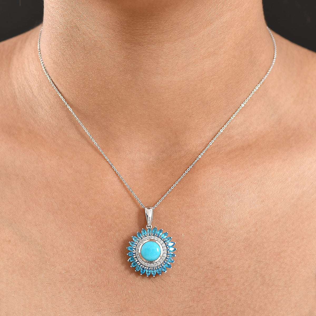 D'Joy Sleeping Beauty Turquoise, Neon Apatite &amp; White Zircon Pendant with Chain (Size 20) in Rhodium Overlay Sterling Silver 4.99 Ct, Silver Wt. 5.73 Gms. V32592105 2