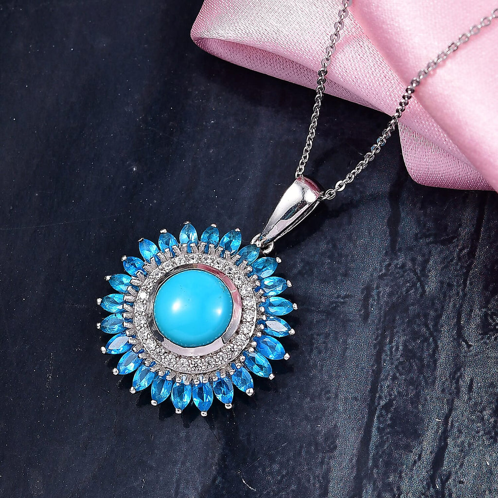 D'Joy Sleeping Beauty Turquoise, Neon Apatite & White Zircon Pendant with Chain (Size 20) in Rhodium Overlay Sterling Silver 4.99 Ct, Silver Wt. 5.73 Gms.
