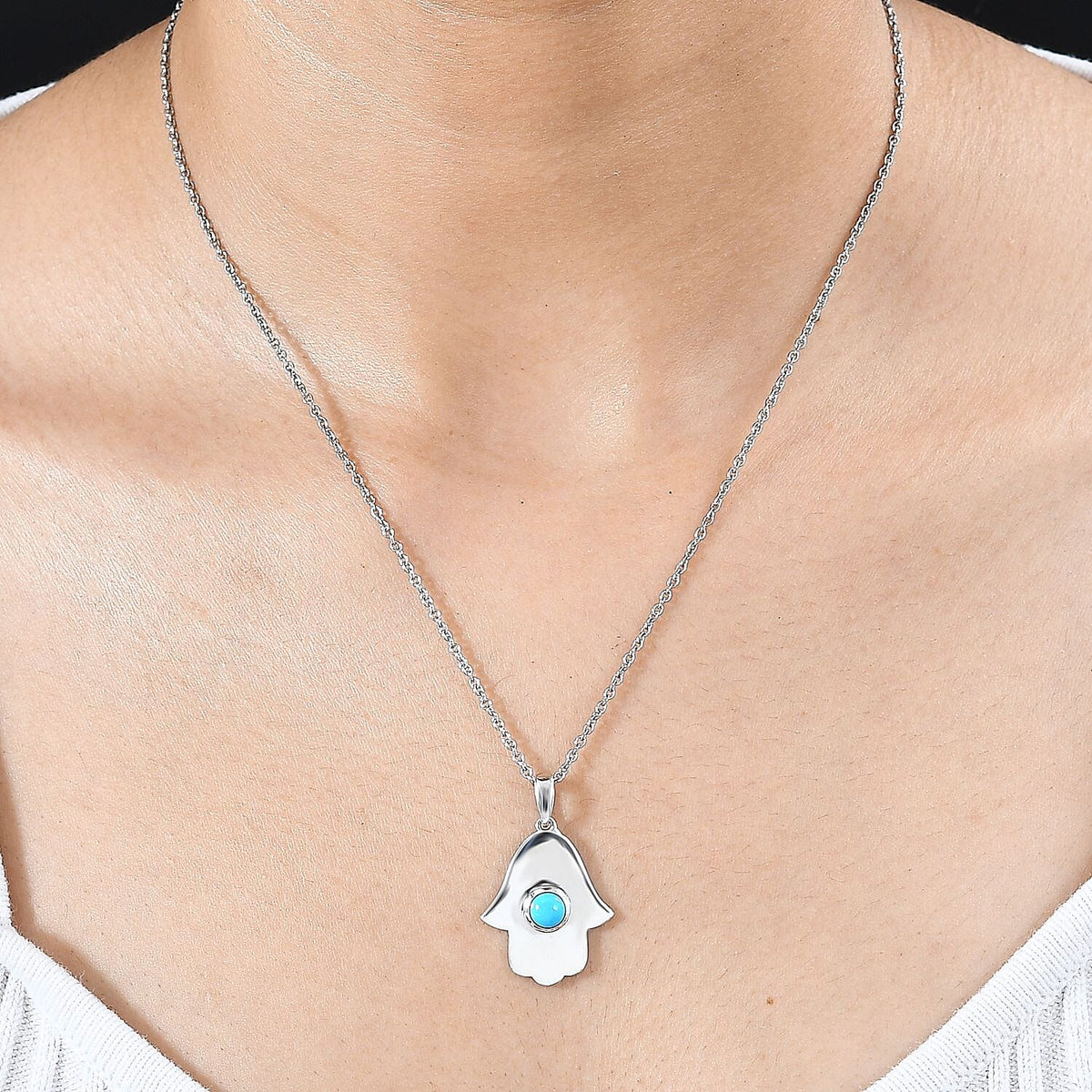 Arizona Sleeping Beauty Turquoise Hamsa Pendant with Chain (Size 20) in Rhodium Overlay Sterling Silver 4280467 1