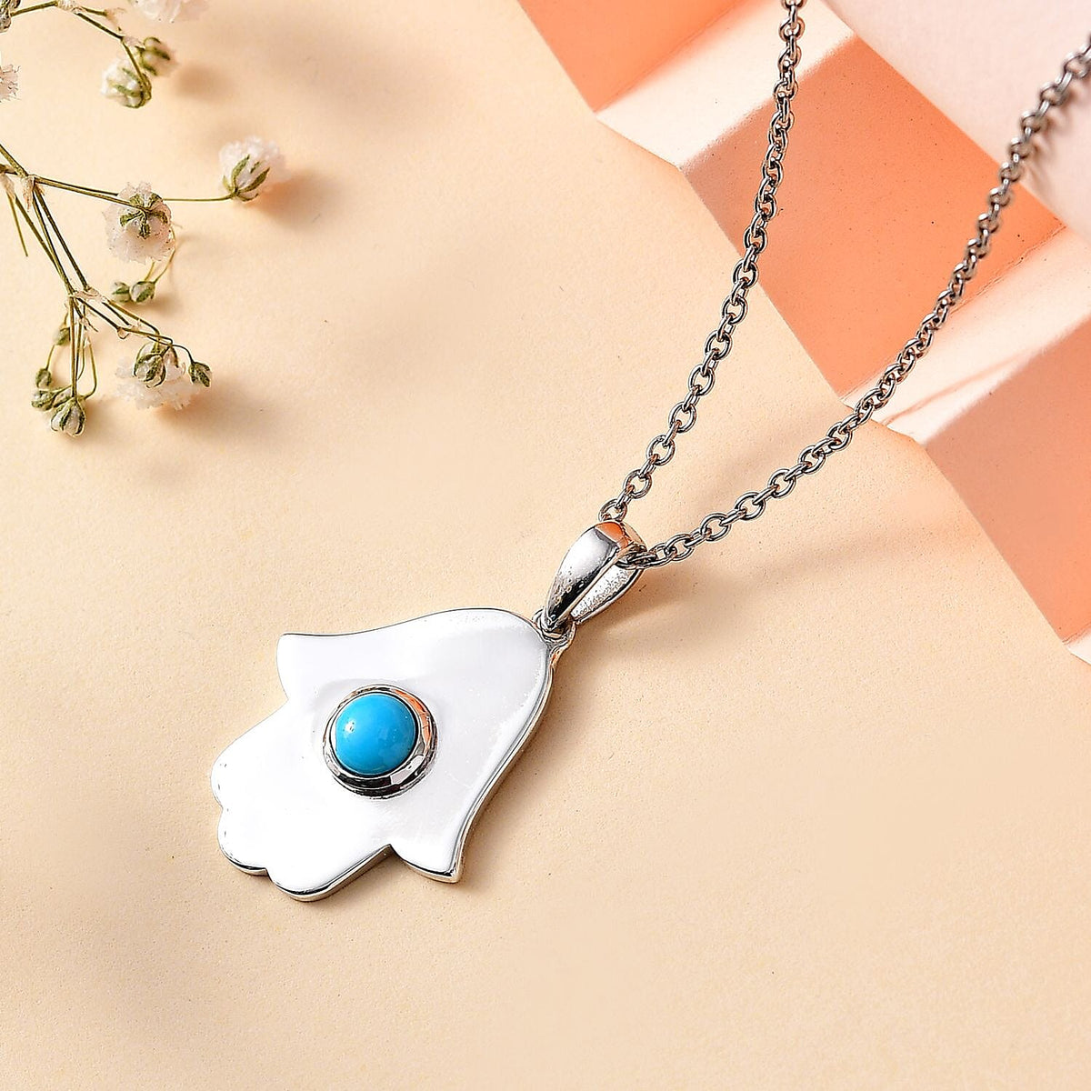 Arizona Sleeping Beauty Turquoise Hamsa Pendant with Chain (Size 20) in Rhodium Overlay Sterling Silver 4280467 2