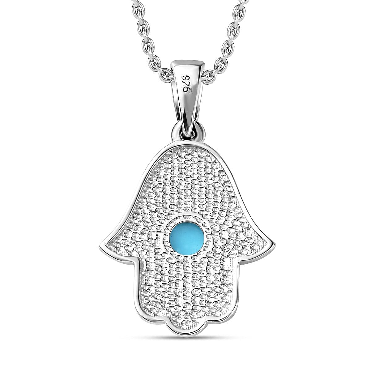 Arizona Sleeping Beauty Turquoise Hamsa Pendant with Chain (Size 20) in Rhodium Overlay Sterling Silver 4280467 4