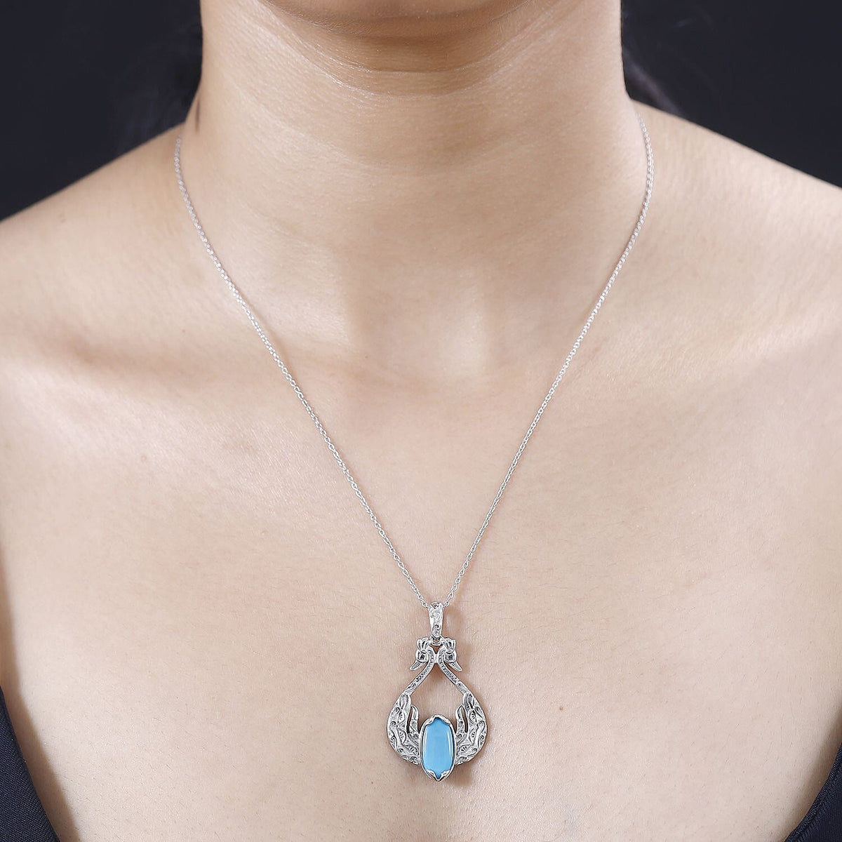 Sleeping Beauty Turquoise Peacock Pendant with Chain (Size 20) in Rhodium Overlay Sterling Silver  Wt. 7.9 Gms  3.406  Ct. 4283130 2