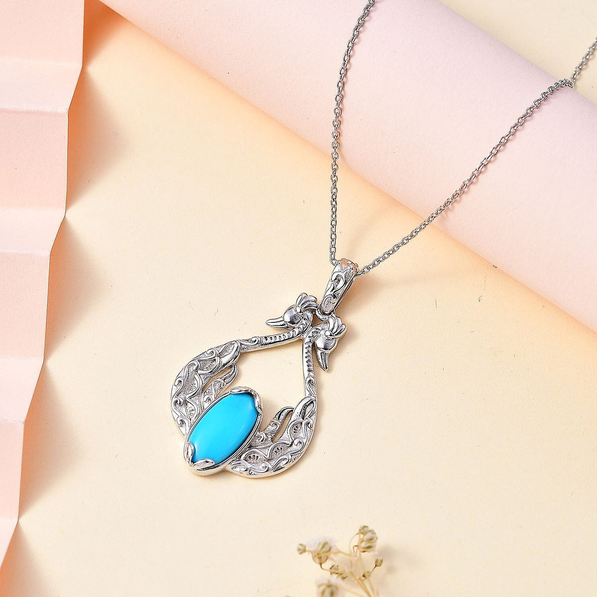 Sleeping Beauty Turquoise Peacock Pendant with Chain (Size 20) in Rhodium Overlay Sterling Silver  Wt. 7.9 Gms  3.406  Ct. 4283130 3