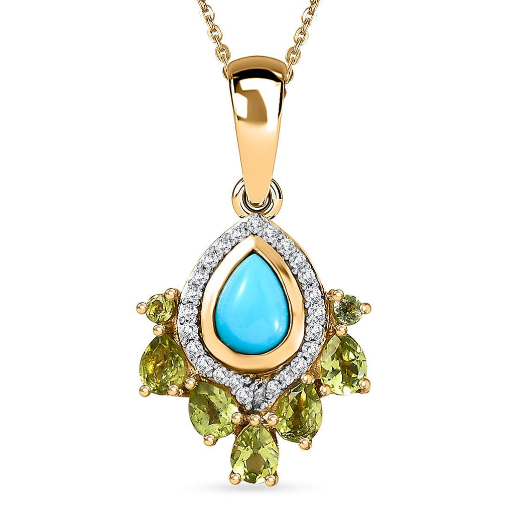 Arizona Sleeping Beauty Turquoise, Hebei Peridot, & Natural Zircon Pendant with Chain (Size 20) in 18K Yellow Gold Vermeil Plated Sterling Silver 1.84 Ct.