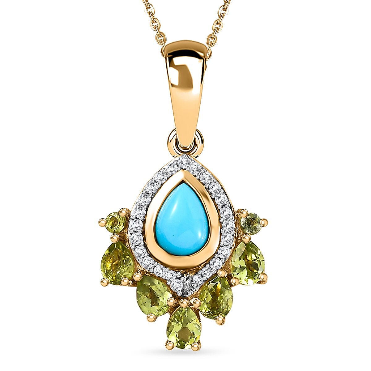 Arizona Sleeping Beauty Turquoise, Hebei Peridot, &amp; Natural Zircon Pendant with Chain (Size 20) in 18K Yellow Gold Vermeil Plated Sterling Silver 1.84 Ct. 4231238 0