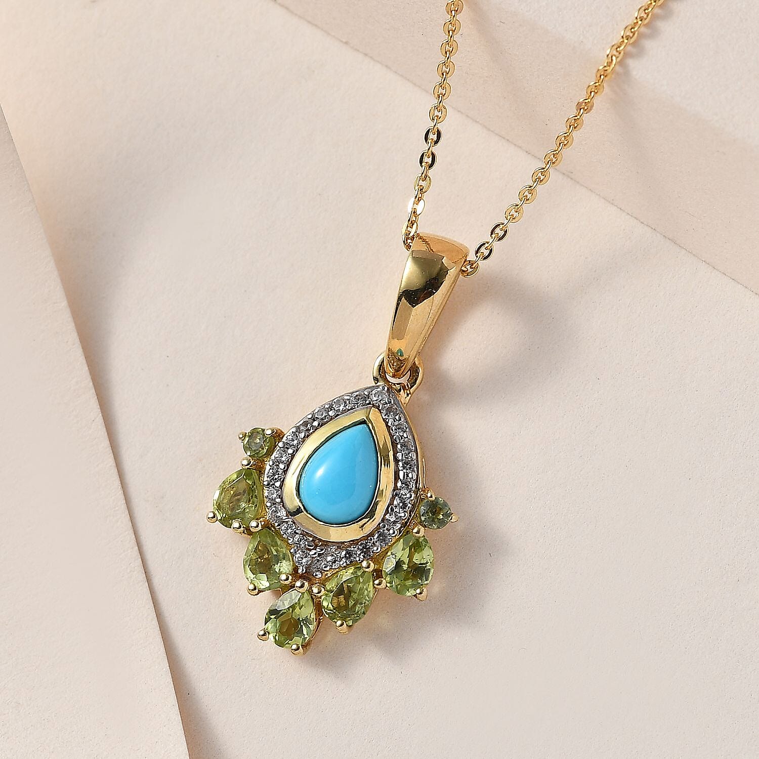 Arizona Sleeping Beauty Turquoise, Hebei Peridot, &amp; Natural Zircon Pendant with Chain (Size 20) in 18K Yellow Gold Vermeil Plated Sterling Silver 1.84 Ct. 4231238 2