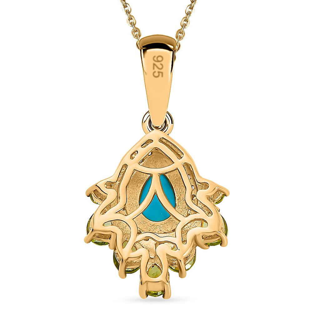 Arizona Sleeping Beauty Turquoise, Hebei Peridot, & Natural Zircon Pendant with Chain (Size 20) in 18K Yellow Gold Vermeil Plated Sterling Silver 1.84 Ct.