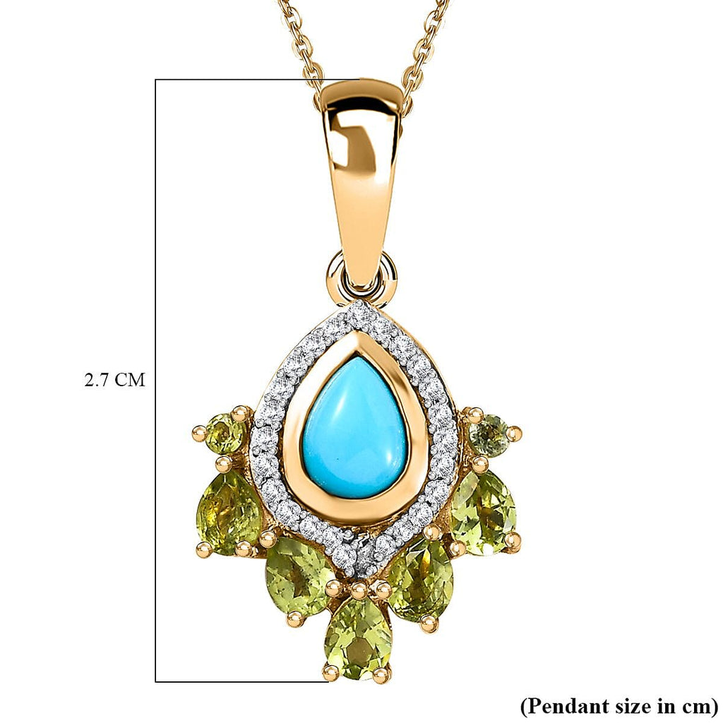 Arizona Sleeping Beauty Turquoise, Hebei Peridot, & Natural Zircon Pendant with Chain (Size 20) in 18K Yellow Gold Vermeil Plated Sterling Silver 1.84 Ct.