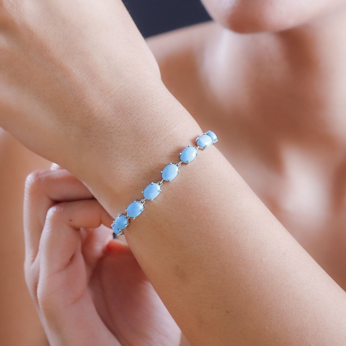 Sleeping Beauty Turquoise Tennis Bracelet (Size - 7.5) in Rhodium Overlay Sterling Silver 7861040 6