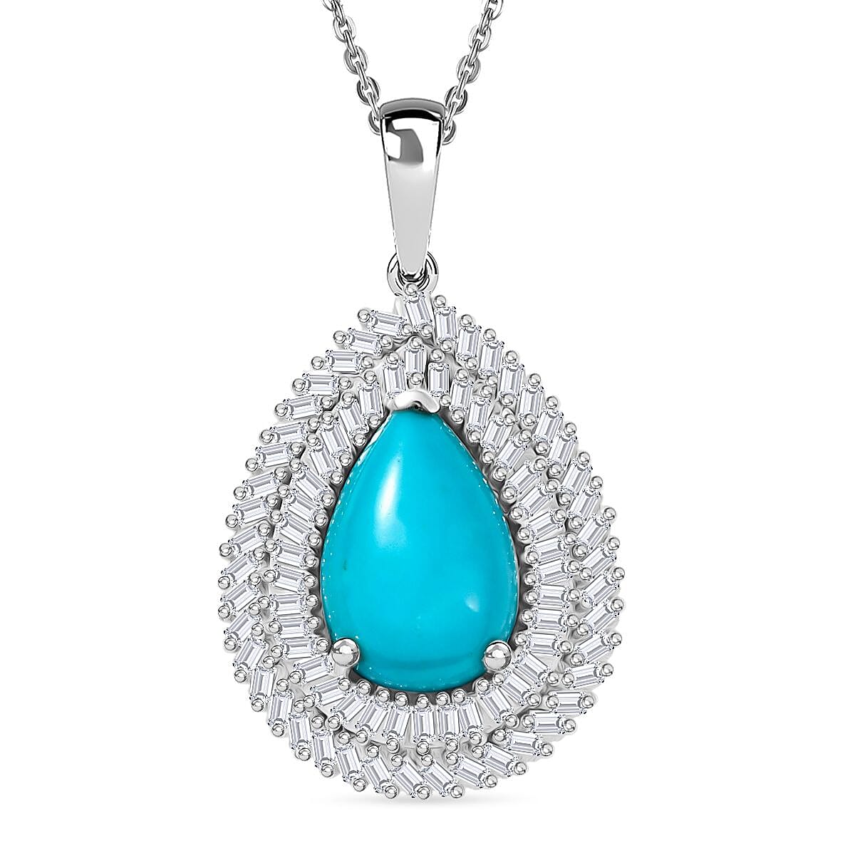D'Joy Sleeping Beauty Turquoise &amp; White Diamond Pendant with Chain (Size 20) in Rhodium Overlay Sterling Silver 3.09 Ct. 4408494 0