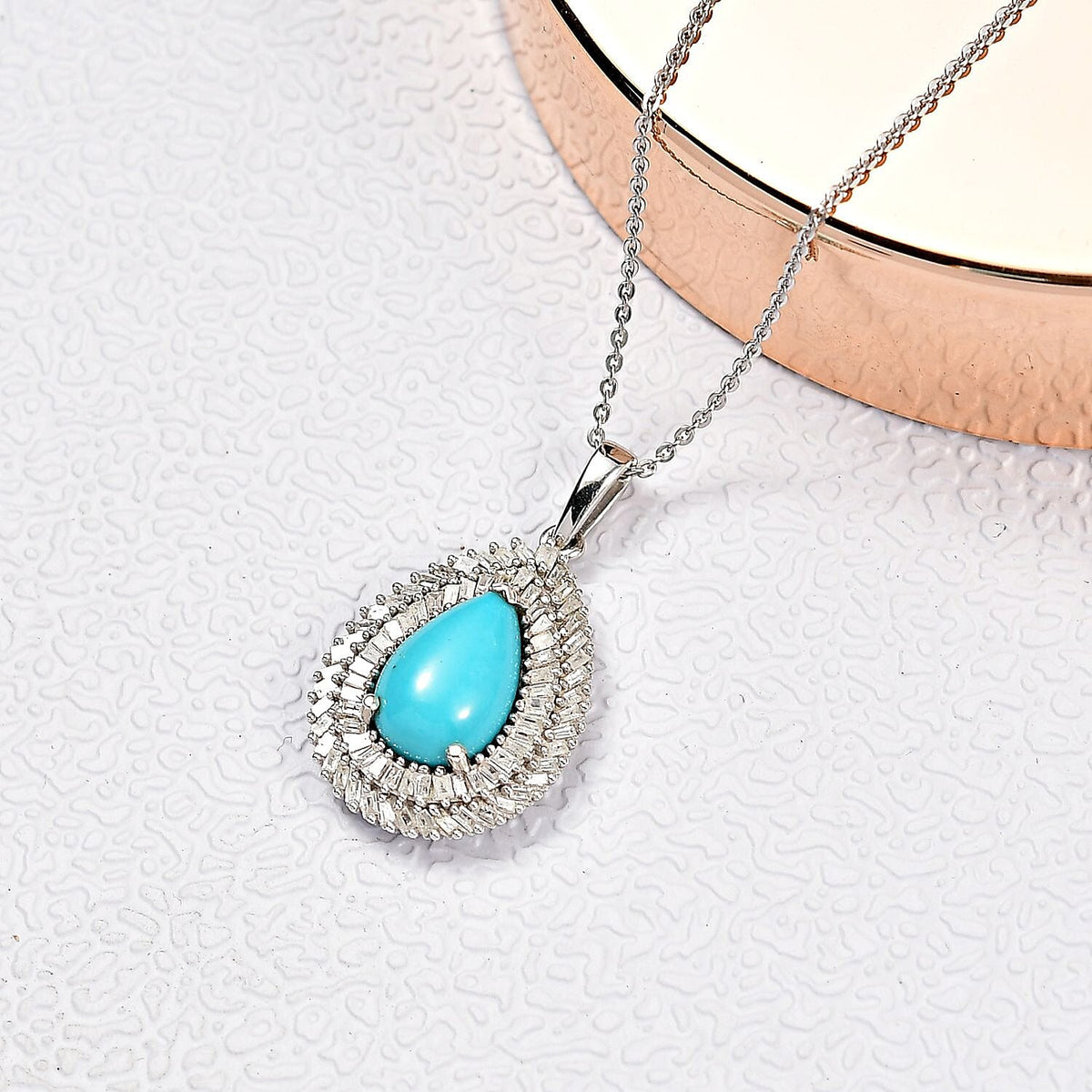 D'Joy Sleeping Beauty Turquoise &amp; White Diamond Pendant with Chain (Size 20) in Rhodium Overlay Sterling Silver 3.09 Ct. 4408494 2