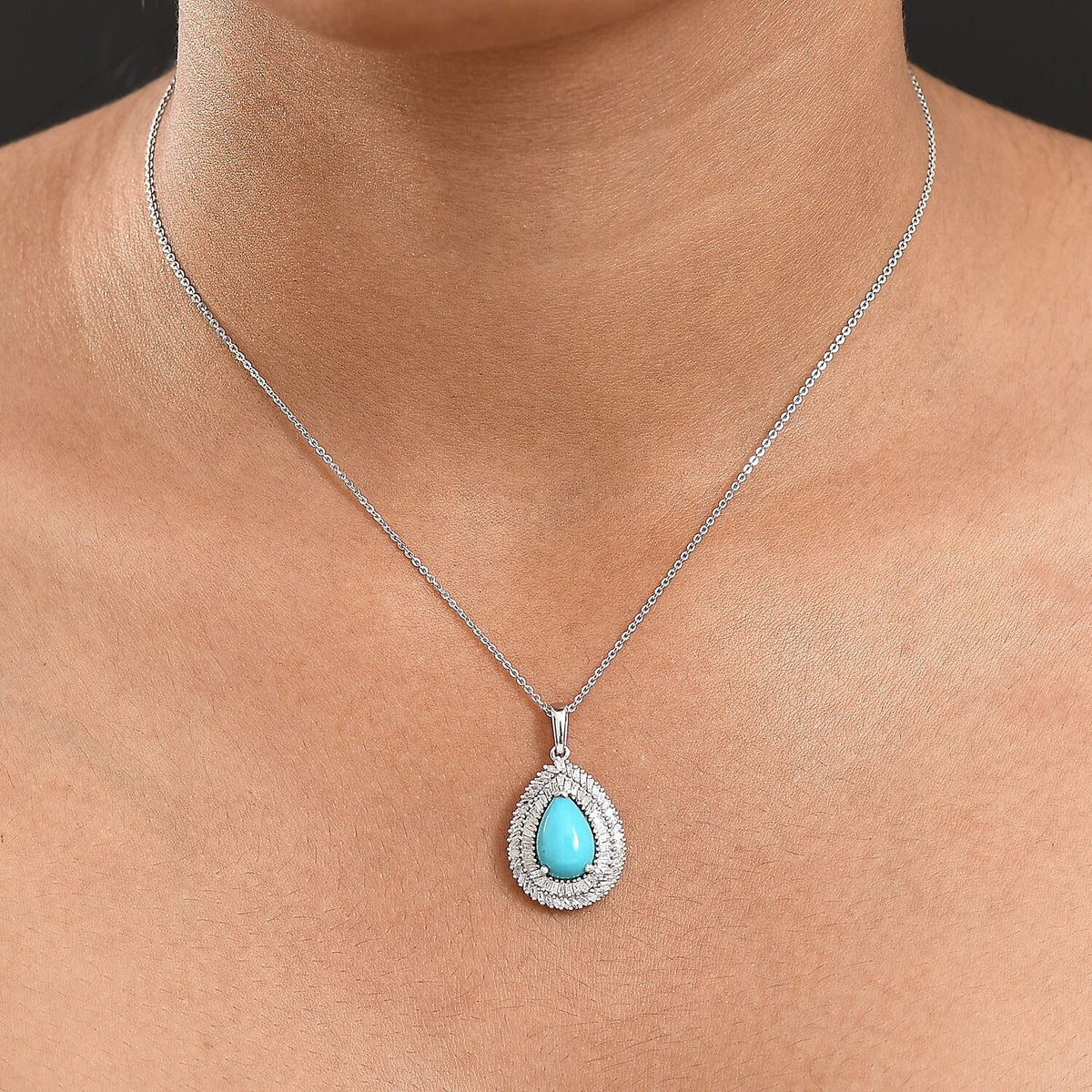 D'Joy Sleeping Beauty Turquoise &amp; White Diamond Pendant with Chain (Size 20) in Rhodium Overlay Sterling Silver 3.09 Ct. 4408494 3