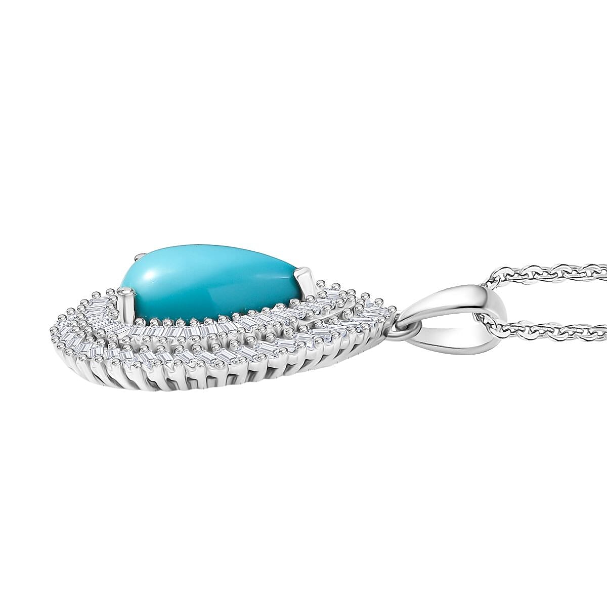 D'Joy Sleeping Beauty Turquoise &amp; White Diamond Pendant with Chain (Size 20) in Rhodium Overlay Sterling Silver 3.09 Ct. 4408494 4