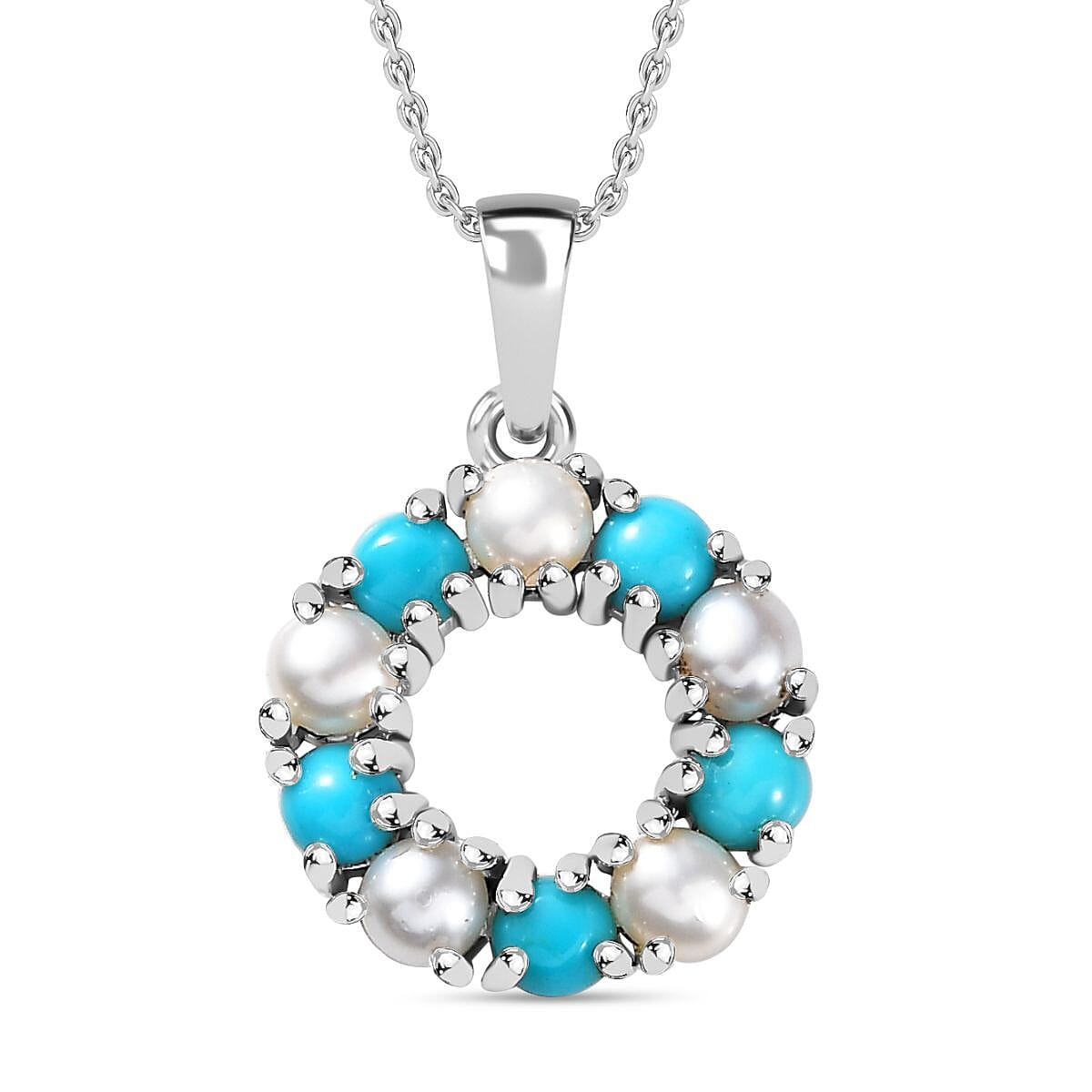Arizona Sleeping Beauty Turquoise &amp; White Fresh Water Pearl Pendant with Stainless Steel Chain (Size 20) in Platinum Overlay Sterling Silver 2.50 Ct 4284602 0