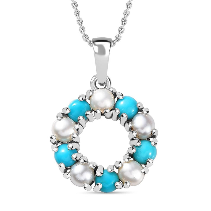 Arizona Sleeping Beauty Turquoise &amp; White Fresh Water Pearl Pendant with Stainless Steel Chain (Size 20) in Platinum Overlay Sterling Silver 2.50 Ct 4284602 1
