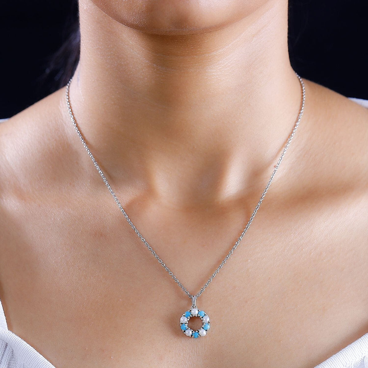 Arizona Sleeping Beauty Turquoise &amp; White Fresh Water Pearl Pendant with Stainless Steel Chain (Size 20) in Platinum Overlay Sterling Silver 2.50 Ct 4284602 2