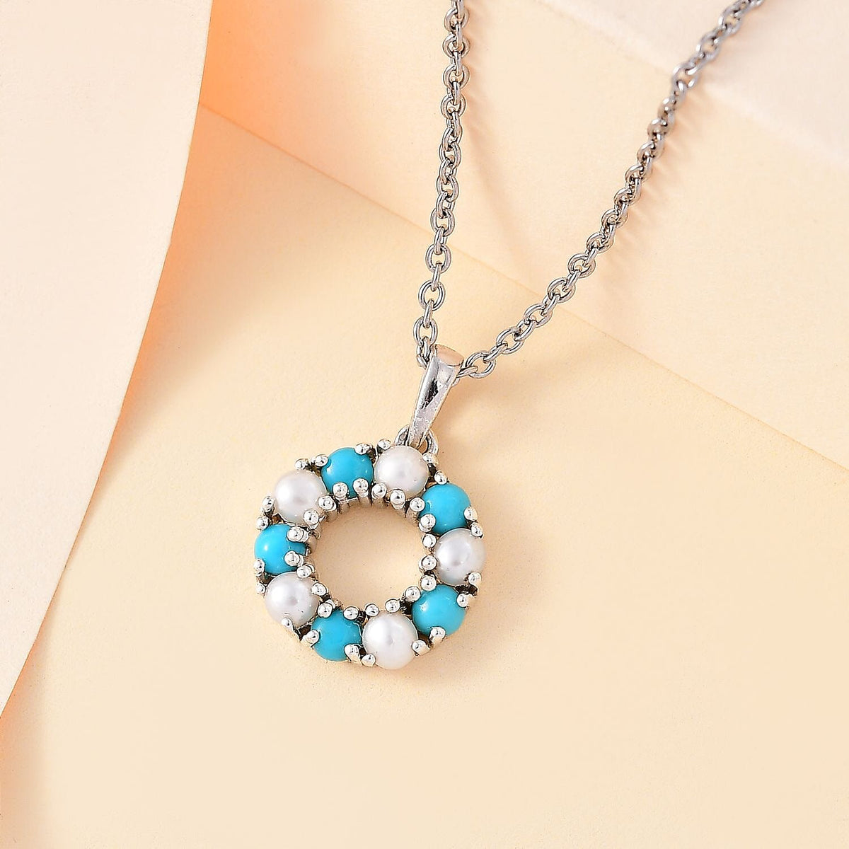 Arizona Sleeping Beauty Turquoise &amp; White Fresh Water Pearl Pendant with Stainless Steel Chain (Size 20) in Platinum Overlay Sterling Silver 2.50 Ct 4284602 3