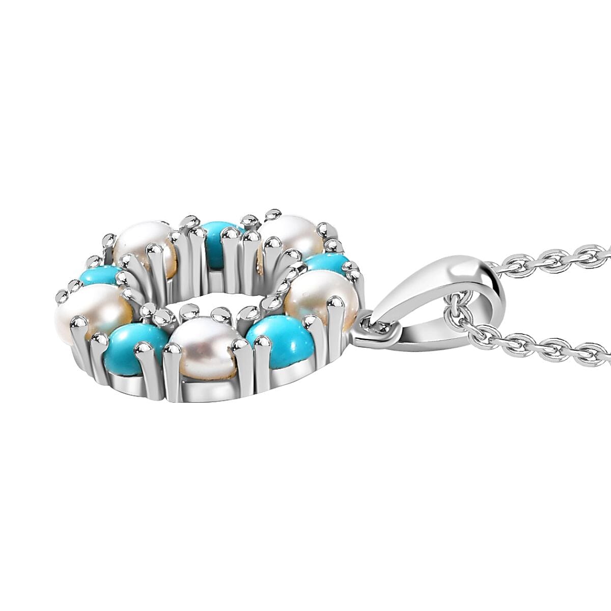 Arizona Sleeping Beauty Turquoise &amp; White Fresh Water Pearl Pendant with Stainless Steel Chain (Size 20) in Platinum Overlay Sterling Silver 2.50 Ct 4284602 4