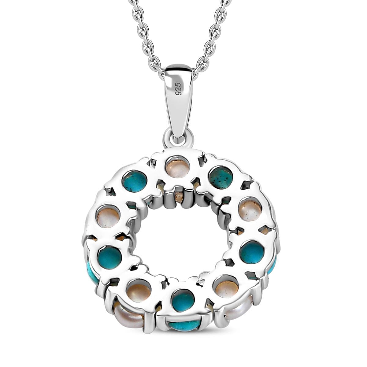 Arizona Sleeping Beauty Turquoise &amp; White Fresh Water Pearl Pendant with Stainless Steel Chain (Size 20) in Platinum Overlay Sterling Silver 2.50 Ct 4284602 5