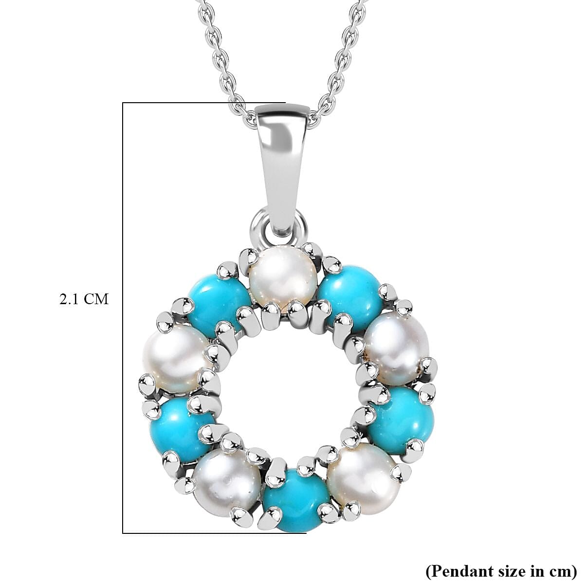 Arizona Sleeping Beauty Turquoise &amp; White Fresh Water Pearl Pendant with Stainless Steel Chain (Size 20) in Platinum Overlay Sterling Silver 2.50 Ct 4284602 6