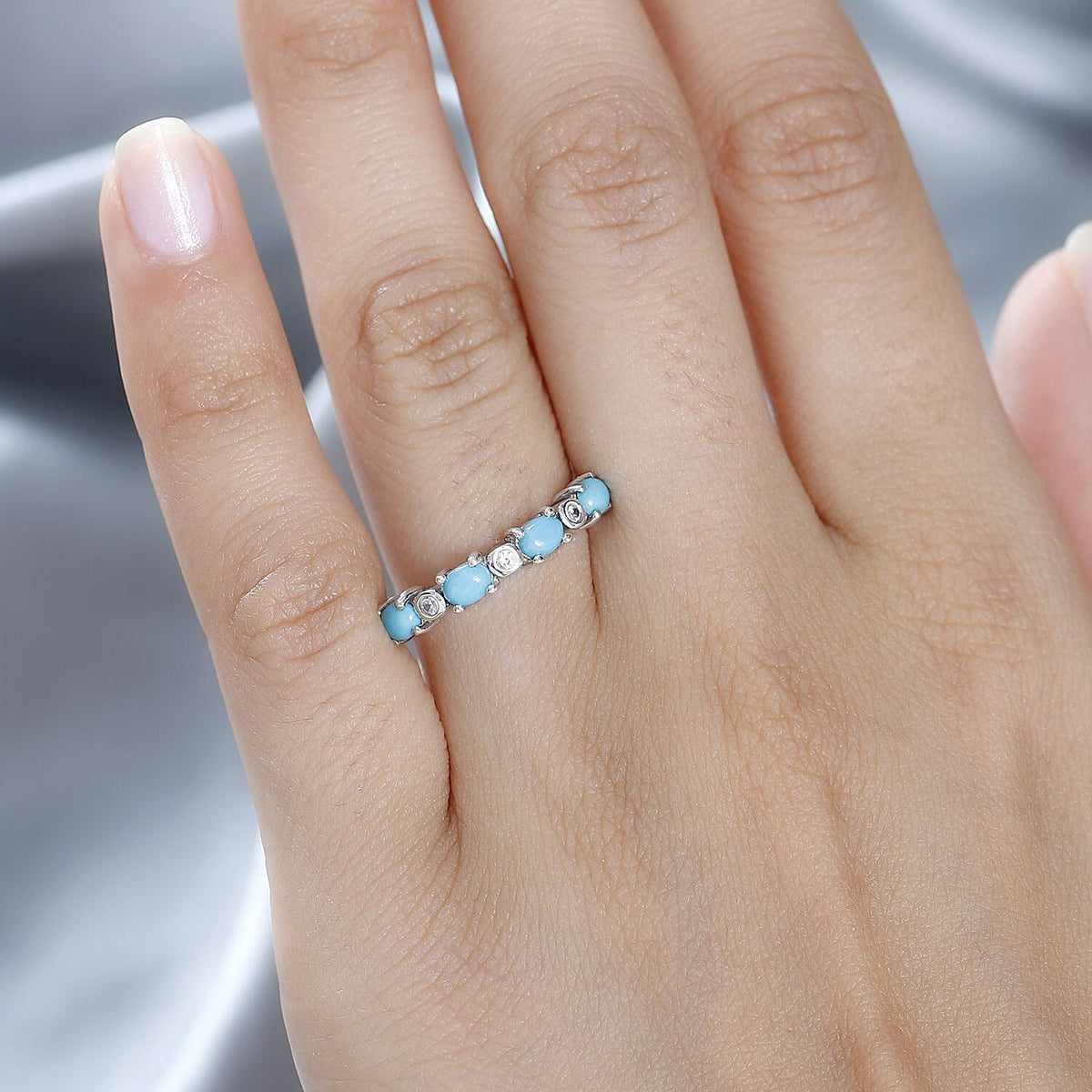 Arizona Sleeping Beauty Turquoise &amp; Natural Zircon Ring in Platinum Overlay Sterling Silver 7724831 2