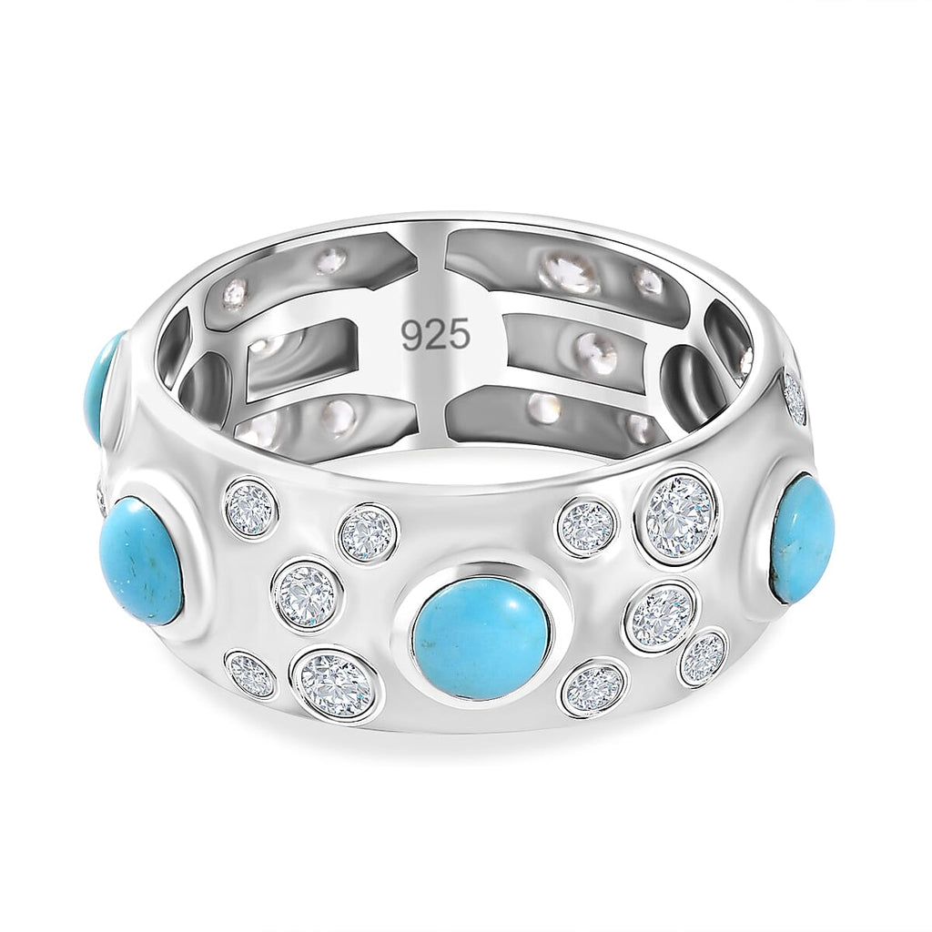 Sleeping Beauty Turquoise ,  White Zircon  Band Ring in Platinum Overlay Sterling Silver 2.45 ct  2.448  Ct.