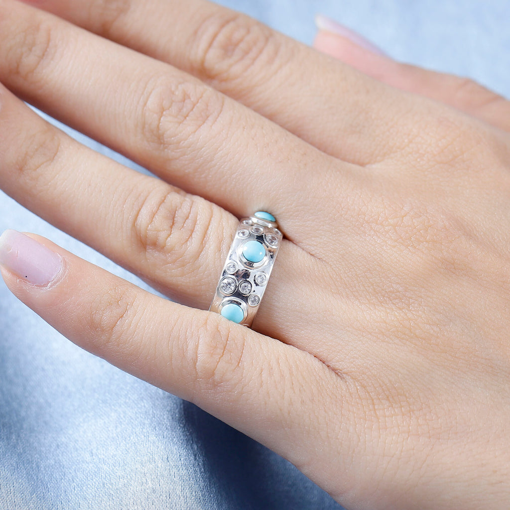 Sleeping Beauty Turquoise ,  White Zircon  Band Ring in Platinum Overlay Sterling Silver 2.45 ct  2.448  Ct.