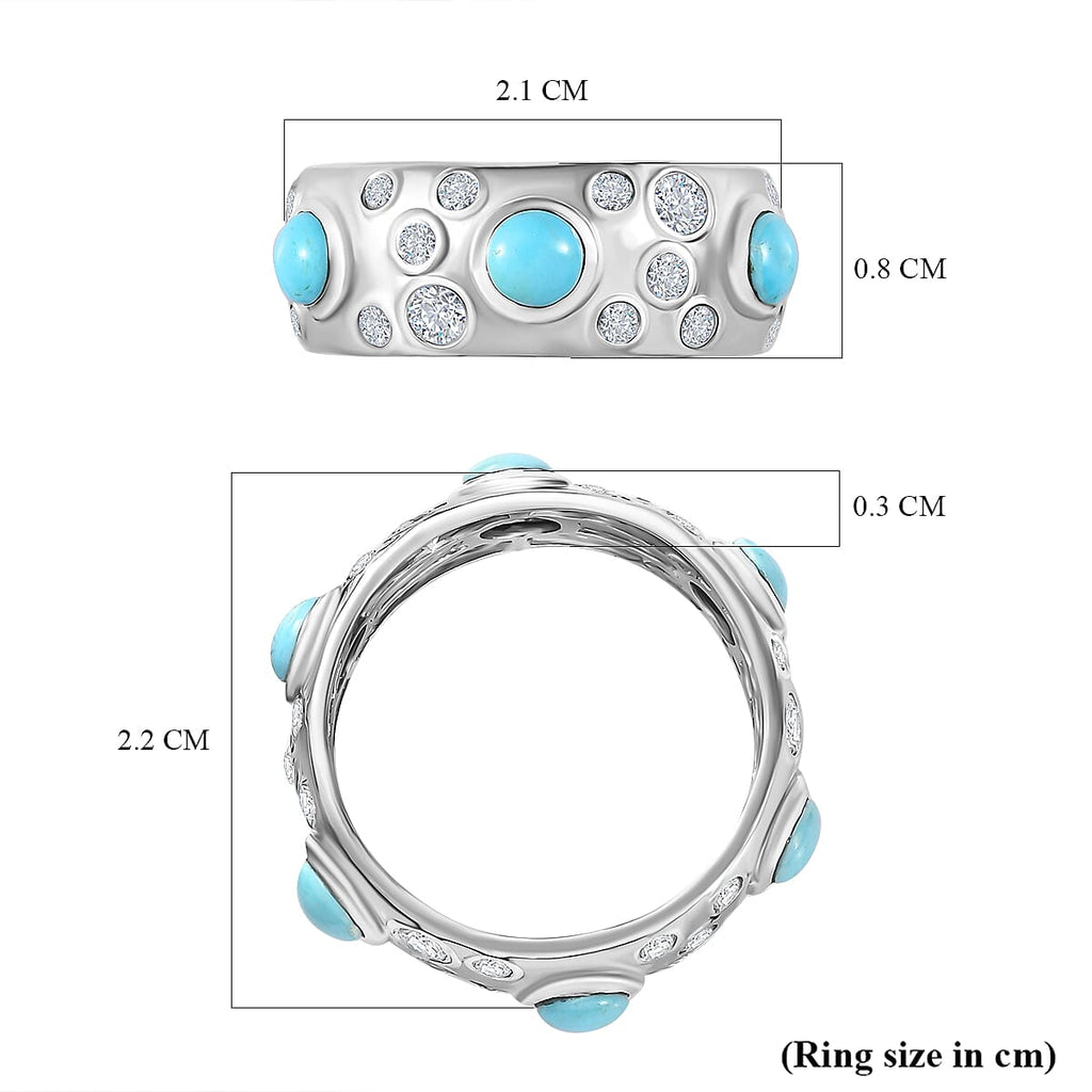 Sleeping Beauty Turquoise ,  White Zircon  Band Ring in Platinum Overlay Sterling Silver 2.45 ct  2.448  Ct.