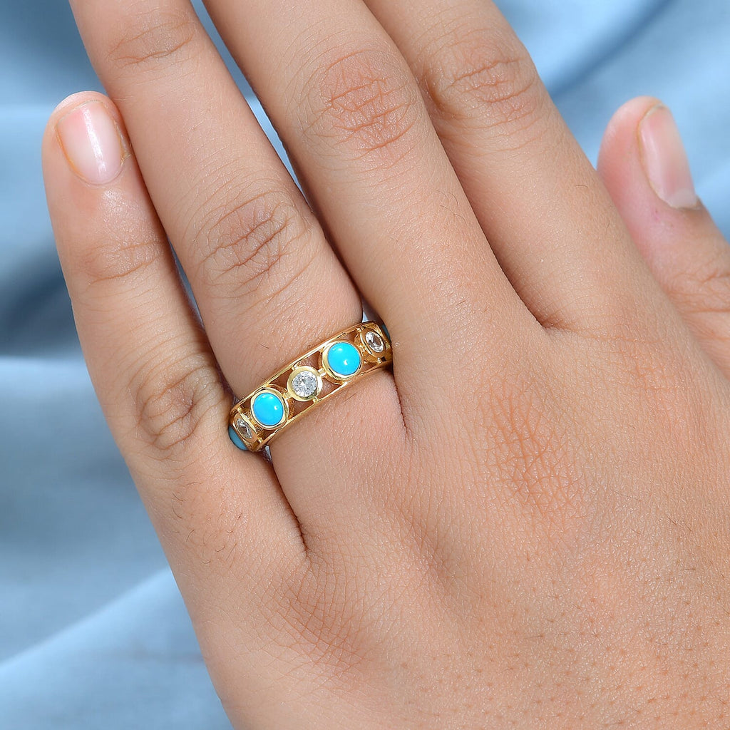 Arizona Sleeping Beauty Turquoise & Natural Zircon Band Ring in 18K Yellow Gold Vermeil Plated Sterling Silver 3.23 Ct.