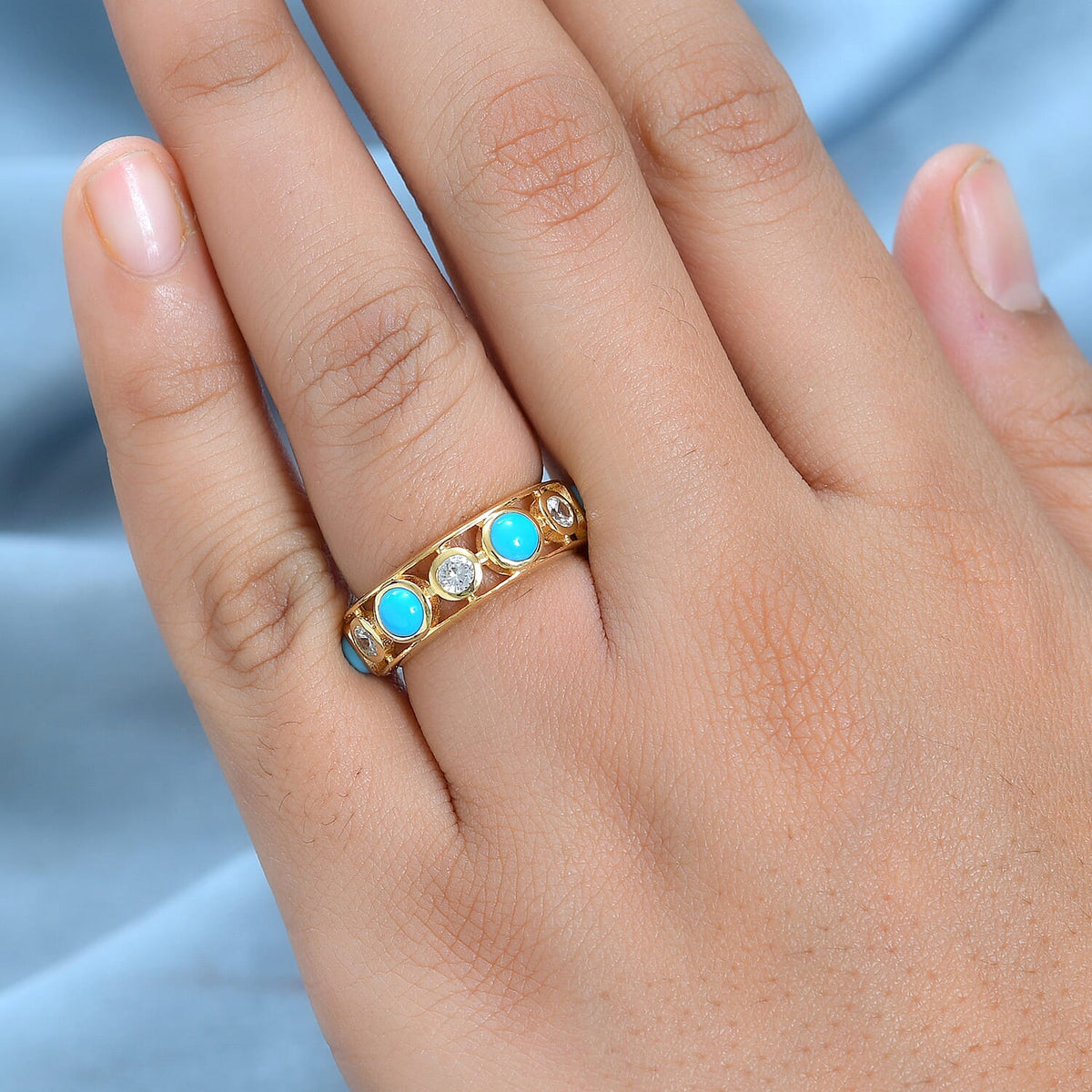Sleeping Beauty Turquoise ,  White Zircon  Band Ring in Vermeil YG Sterling Silver 2.03 ct  2.030  Ct. 7664455 2