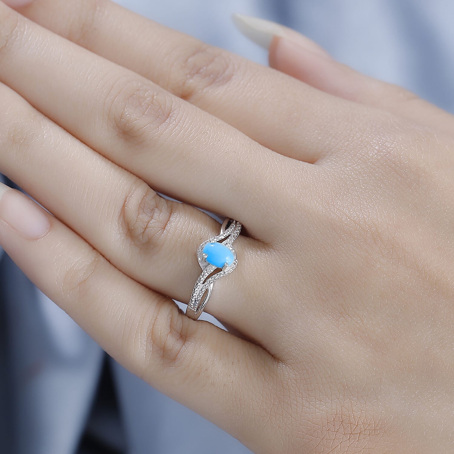 Sleeping Beauty Turquoise, White Zircon Bypass Ring in Platinum Overlay Sterling Silver 0.48 ct. 7926682 2