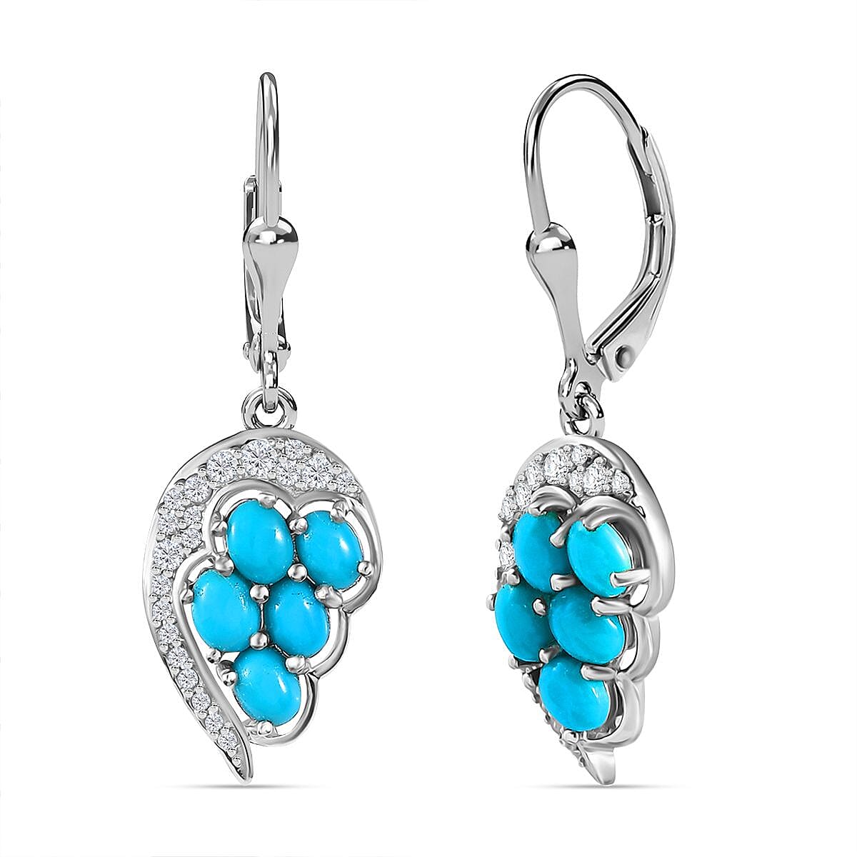 Sleeping Beauty Turquoise &amp; White Zircon Cluster Earring with Lever Back in Rhodium Overlay Sterling Silver 2.33 Ct. 8050912 0